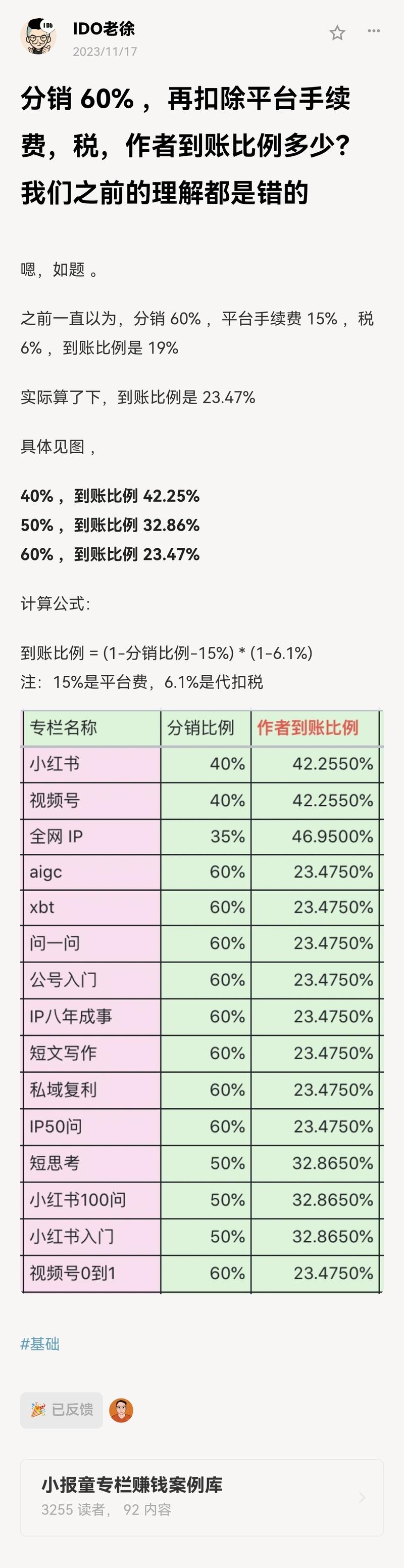IDO老徐今天把小报童这个分销公式精确计算了一下，意味着，钱多了一点点，下次对账知道怎么算了[偷笑] 这个信息差，有点大-大冲十年退休