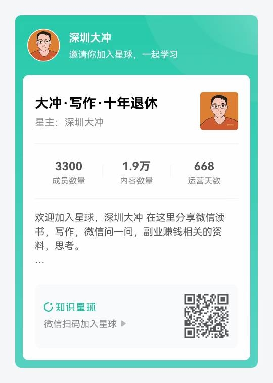 早哇，[太阳]，大冲星球满 3300，感恩有你❤️ 欢迎新来的朋友，加我微信，备注：星球，围观大冲朋友圈。 送你：我的副-大冲十年退休