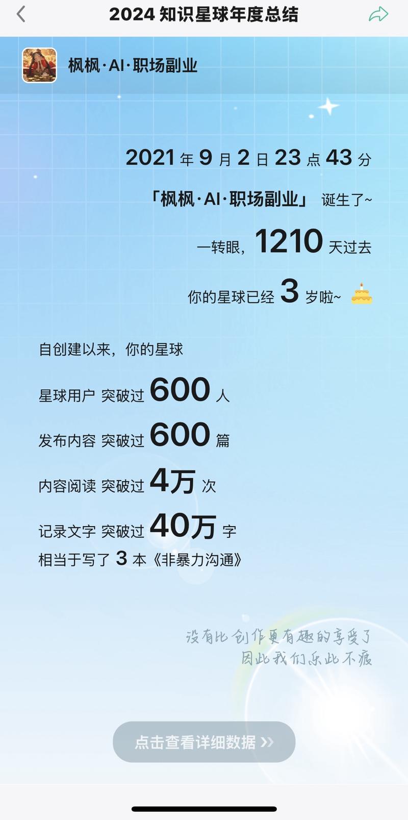不知不觉运营我的免费星球已经一年了，今天一看年报，发现原来自己已经输出了这么多文字吗？连自己都感叹，原来持续输出就是这样-大冲十年退休